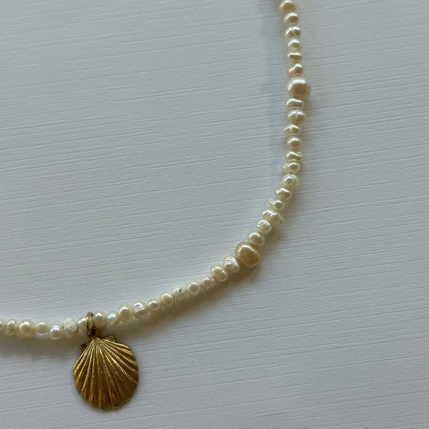 Pearl necklace with a gold shell pendant on a light gray background