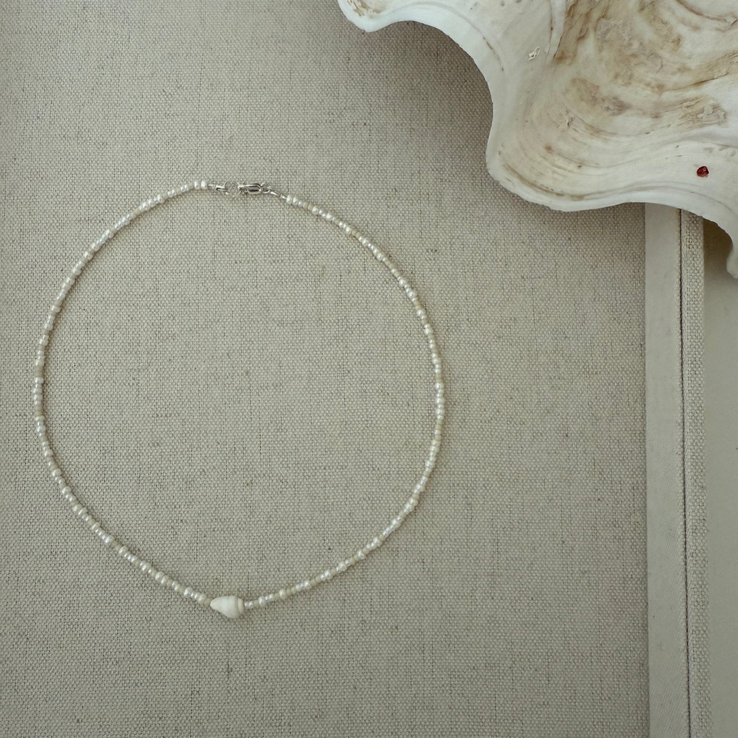 Silver necklace on a textured beige surface with a shell in the background